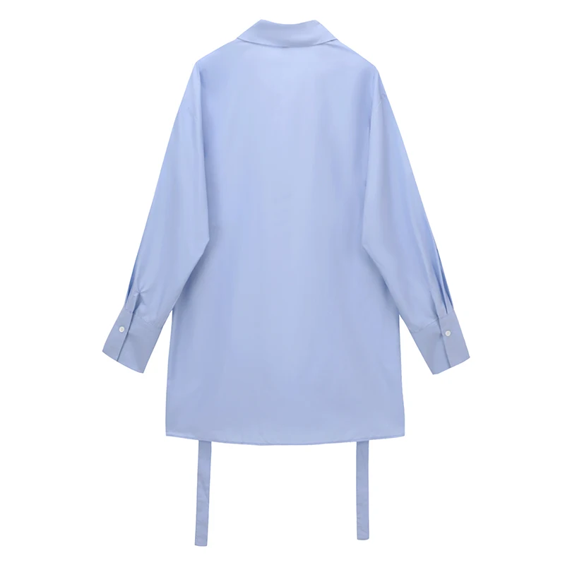 Женское Короткое платье-рубашка с завышенной талией синее простое