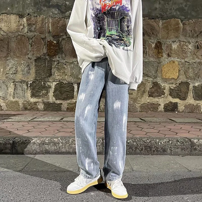

Джинсы мужские с голубым принтом, модные брюки с широкими штанинами в стиле хип-хоп, прямые свободные штаны из денима