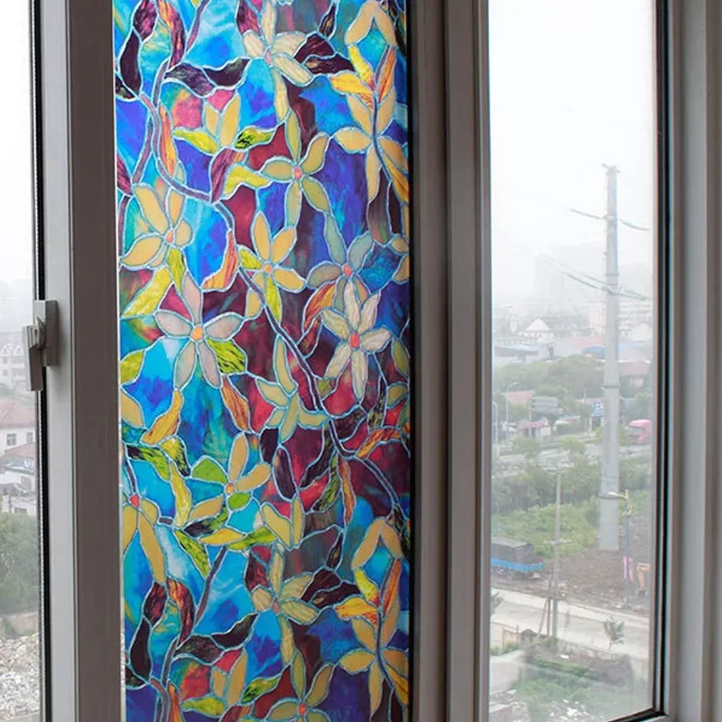

45x100cm/PC Colorful Flower Glass Films For Bathroom Door Window Protect Privacy Sunscreen Static Cling Home Decor Glass Films