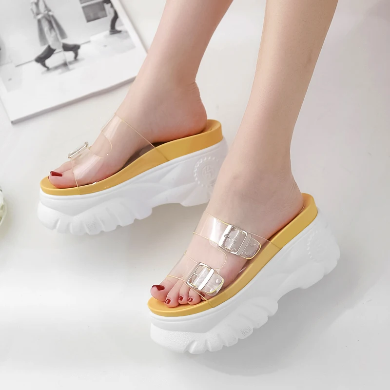 

Thick-Soled Heightening Beach Shoes Summer New Fashionable Transparent Slippers All-Match Slope-Heel Soft-Soled Women's Shoes