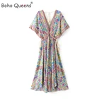 Женское богемное платье макси в стиле бохо, Пляжное платье с рукавом летучая мышь и цветочным принтом павлина, летнее платье с V-образным вырезом и бахромой