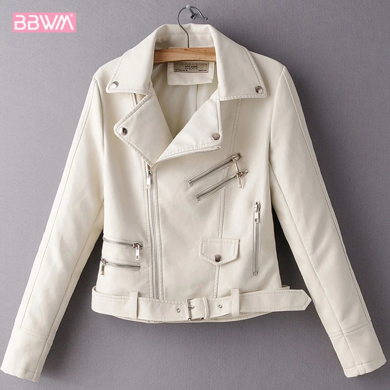 

Beige PU Lapel Long Sleeve Zip Belt Locomotive Female Coat Korean Version Slim Fit 2019 Autumn Fashion Women's Jacket Black Red