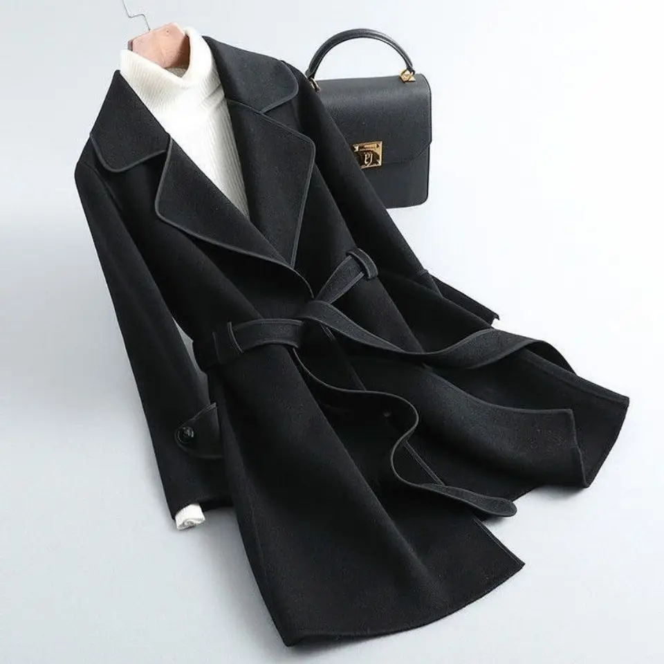 

2021 New Spring and Autumn Woolen Coat Women's Fashion Korean Style Lace-up Slim Coat Autumn Women's Belt Wool Coat Women L0258