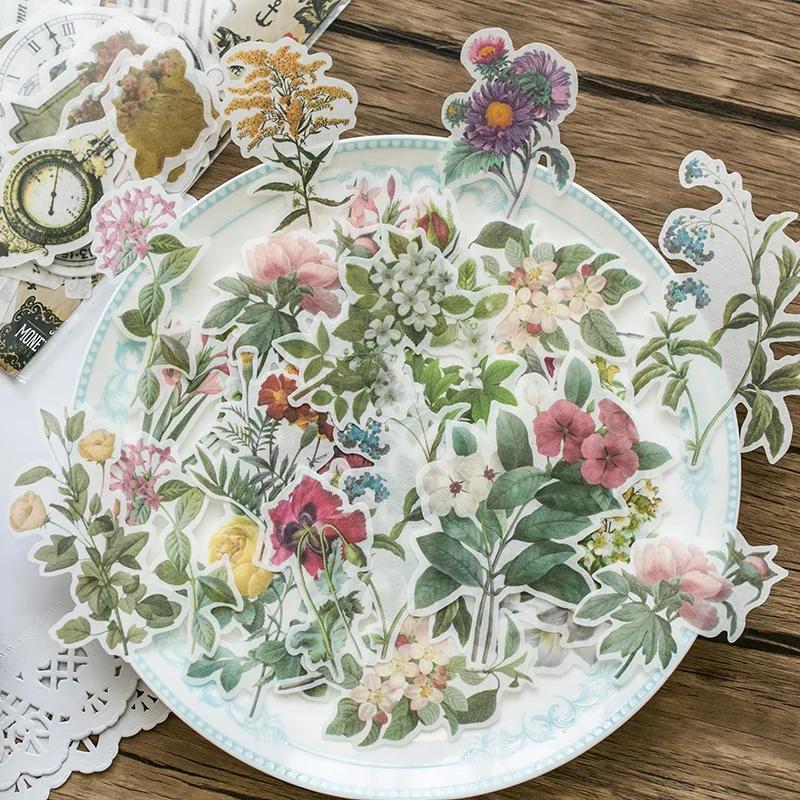 

60pcs Travel Stickers Vintage Retro Green Plants Flowers Diary Handmade Adhesive Paper Stationery Stickers Decorations