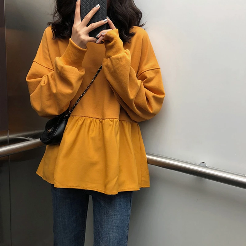 

2021 Autumn New Korean Female Fashion Loose And Thin Girl Casual Tops Solid Color Long-Sleeved T-Shirt Sweater Women Hoodies