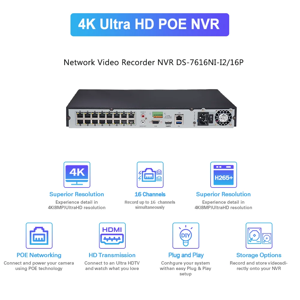 Kaufen Hikvision 4K POE NVR DS-7616NI-I2/16P 16CH 12MP H265 + P2P CCTV NVR Für IP Kamera Sicherheit Kamera System Video Recorder