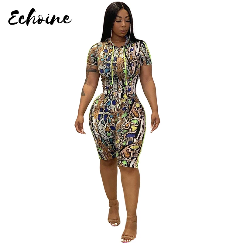 Echoine/Летний принт змеиной кожи топ с капюшоном и штаны до колена костюм комплект