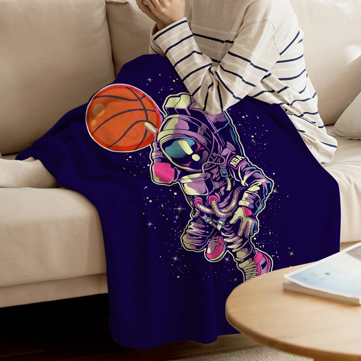 Астронавт Баскетбол звездное небо звездный свет напечатанное фланелевое одеяло