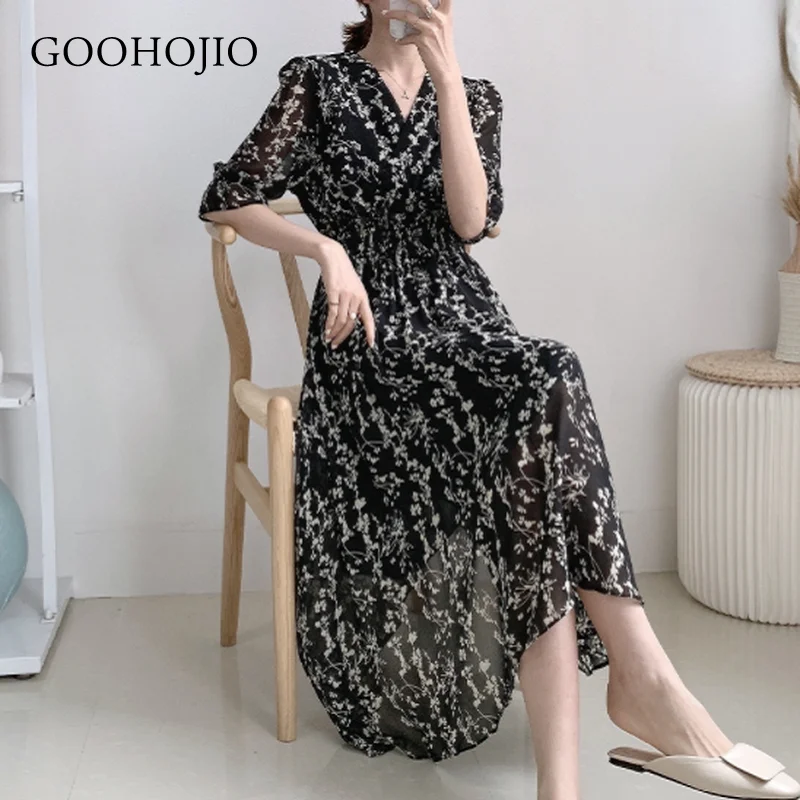 

GOOHOJIO 2021 New Spring Autumn Temperament Floral Dresses Women Fashionable V-neck Dress Women High Waist Women Chiffon Dresses