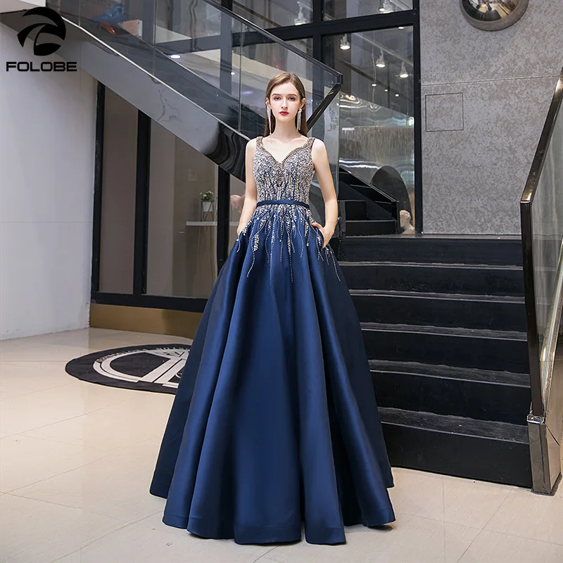 

New Luxury Navy Blue High-end Evening Dress Satin V-neck Crystal Sequins Beading Long Formal Prom Gowns Vestido De Noche