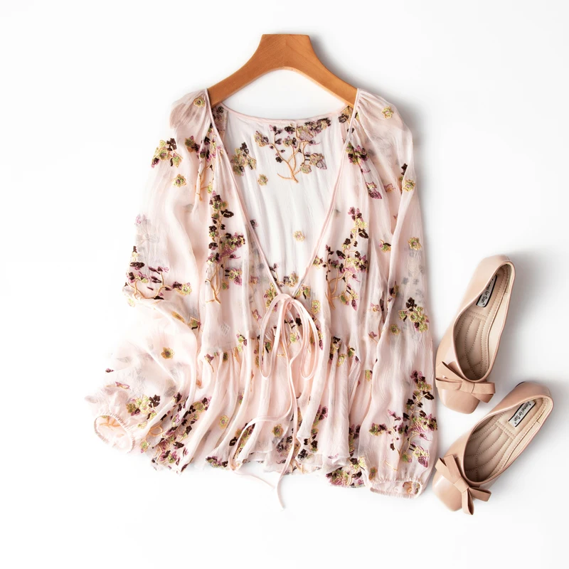 

SuyaDream Woman Floral Blouses 100%Silk Georgette Embroidery Sashes Loose Shirts 2021 Spring Summer Chiffon Shirt
