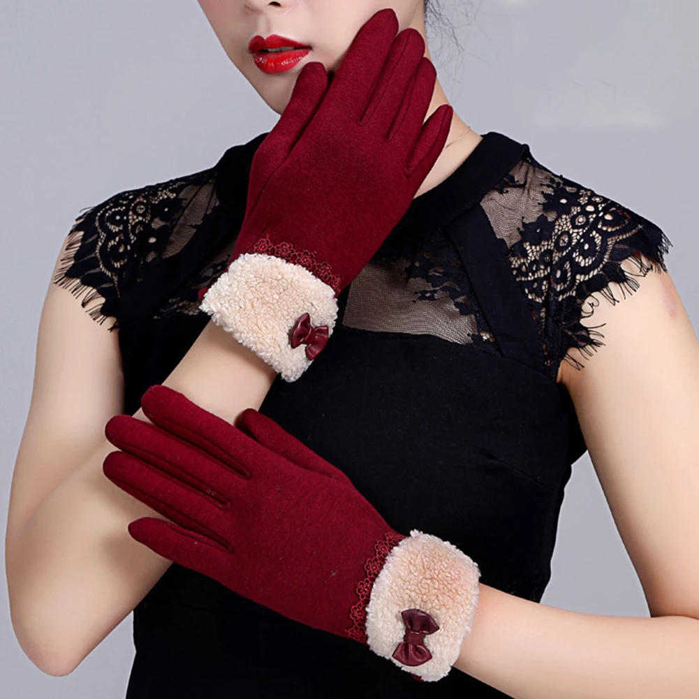 

Winter Fashion Women Winter Floral Bowknot Touch Screen Warm Outdoor Cycling Gloves Stretch Knit Mittens Guantes