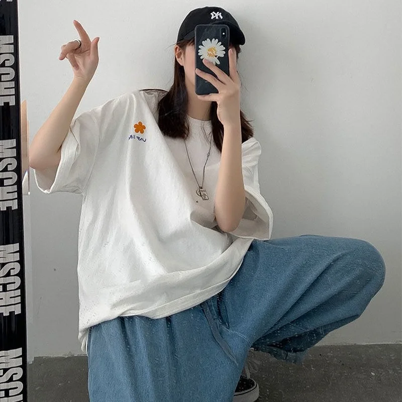

Short Sleeve T-shirts Women Flower Printing O-neck Baggy Student Sweet Casual Tops Harajuku Couple Street Wear Ins Stylish Tees