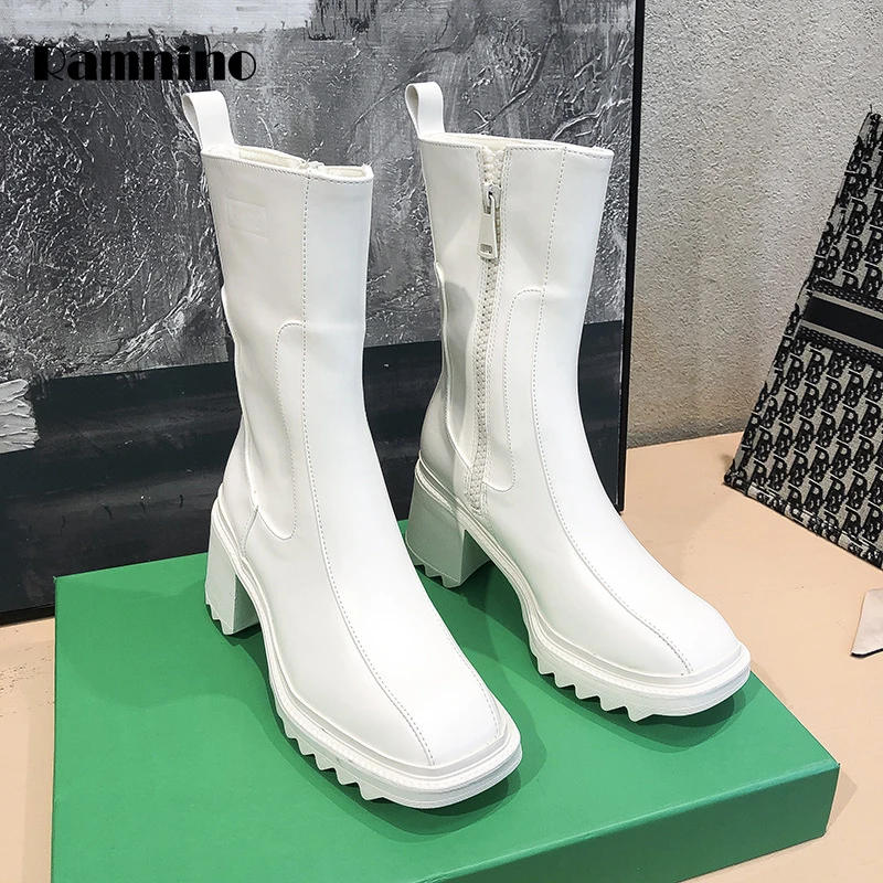 

2021 New Spring Botas Women White Ankle Boots Leather Fashion Side Zipper Motorcycle Boots Non-Slip Square Head Thick Heel Shoes