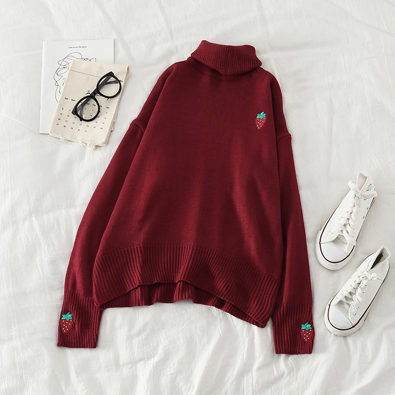 Red sweater Kawaii, клубника, водолазка, Женский вязаный свитер, Милая Вышивка, высокая горловина, трикотаж, милый, на год, Pull Femme, джемпер, красный, Корея - Цвет: Red sweater