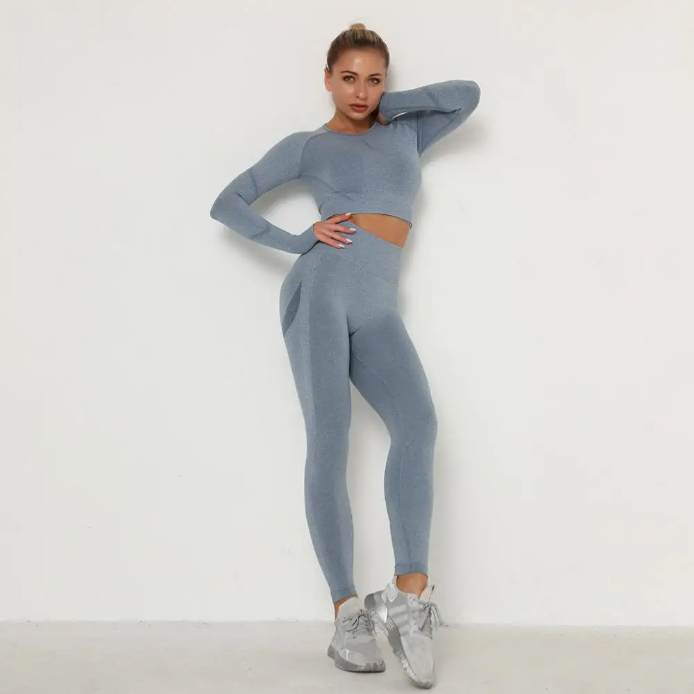 

New Female Sportswear Long Sleeve Crop Top + High Waist Seamless Training Tights Women Running Clothes Yoga Set Slim Outfits
