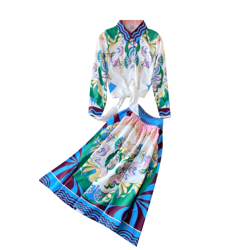 

Pring 2021 New Printed Lapel Tie Waist Slimming Shirt Female + High Waist Slim Skirt Two-piece Suit C510