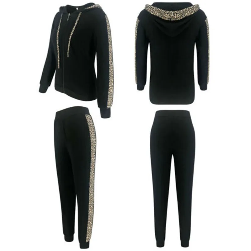 

2019 2pcs Womens Leopard Print Tracksuit Sets Lounge Wear Hooded Tops Pants Suit