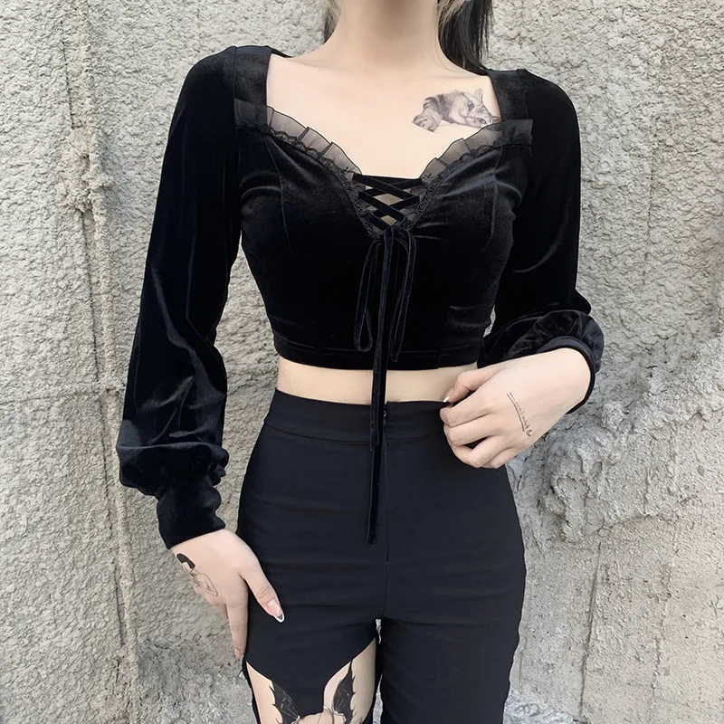 

Gothic retro sexy lace black top Goth bandage puff sleeve velvet T-shirt Harajuku aesthetic female hollow crop top