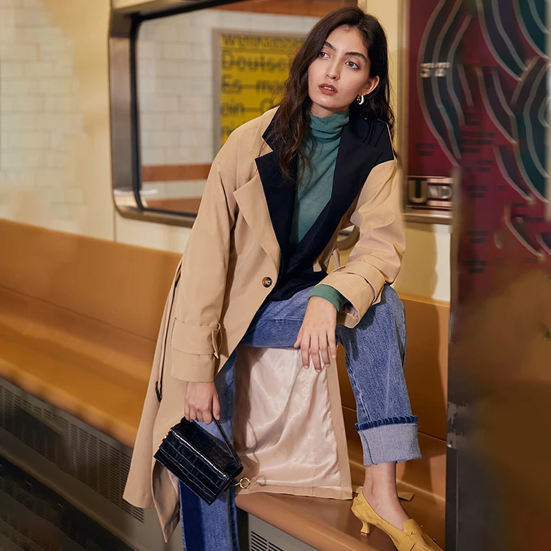 

[EAM] Women Big Size Irregular Khaki Long Trench New Lapel Long Sleeve Loose Fit Windbreaker Fashion Spring Autumn 2021 1DD1391
