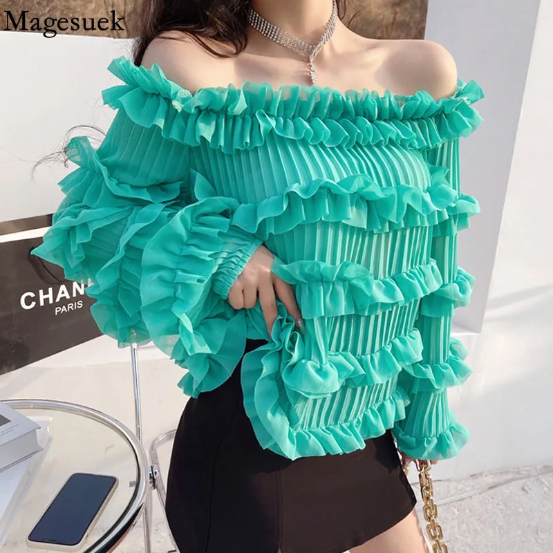 

Off Shoulder Chiffon Blouse Women Fashion New Ruffles Pleated Long Sleeve Shirt Solid Casual Slash Neck Eleagnt Tops Blusa 15754