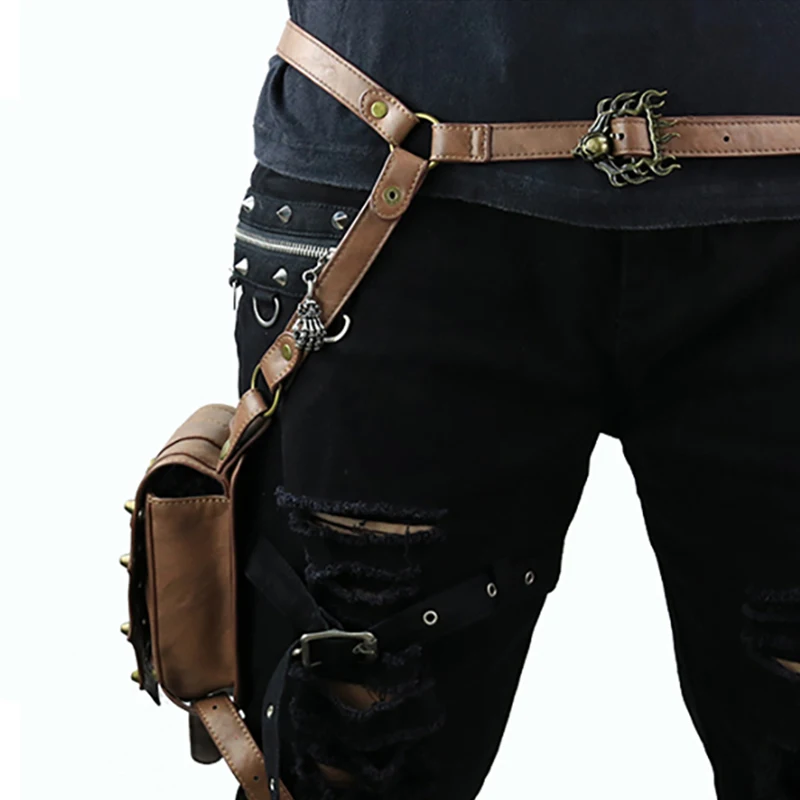 

Steampunk punk Women Men Unisex Waistbag Brown Two Small Bag Set Chest Bag Leather Leg Bag Fashion Skull Head Decoration