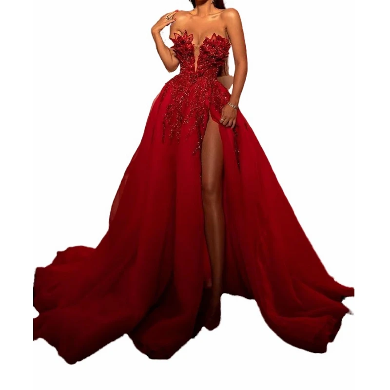 

Sexy Women Elegant V Neck Red Sequins Embroidery Long Dress Autumn Winter Strapless Casual Plus Size XXL Dresses New