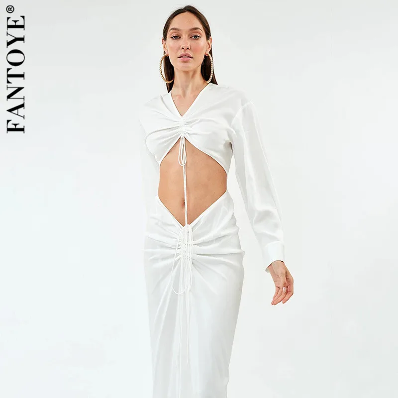 Женское ажурное платье FANTOYE элегантное эластичное длинное облегающее с рюшами и