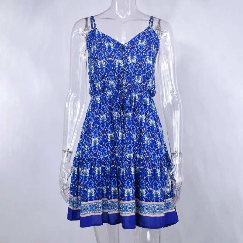

Summer Women Floral Dress Buttons Cotton Mini Sundress Fashion Beach Sexy Sleevees Clothes 2021 Halter Dress for Women Red