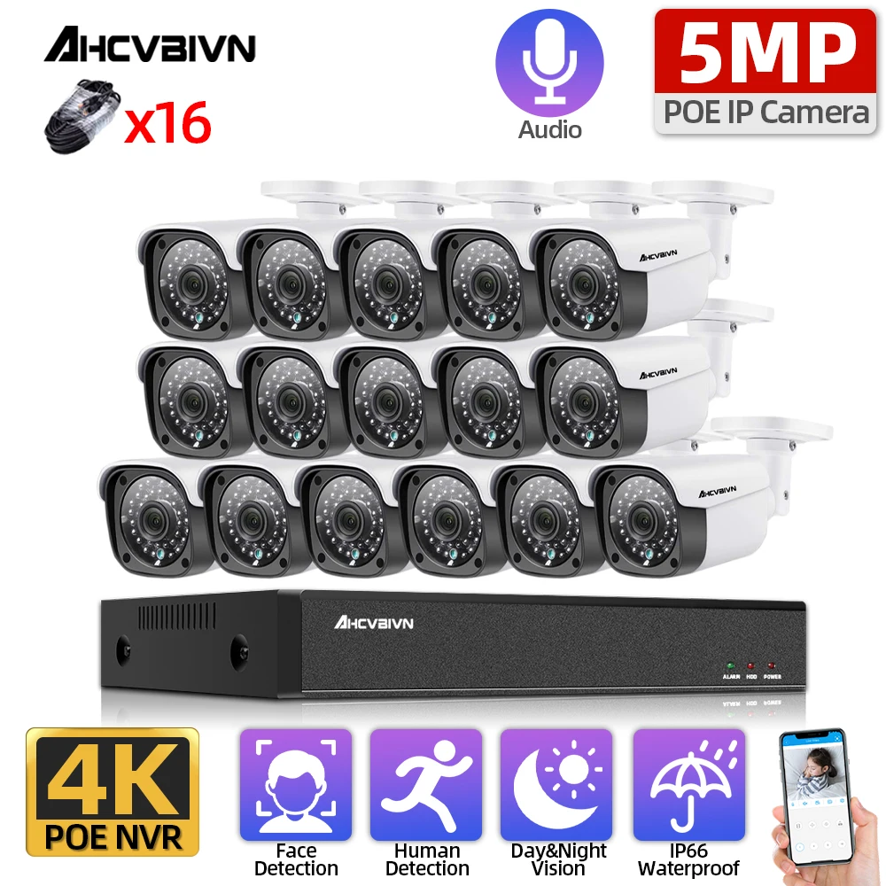 

H.265 16CH 4K POE NVR Audio Record CCTV System 5MP Outdoor IP67 Weatherproof POE IP Cameras Video Security Set 8CH 8MP HDMI Set