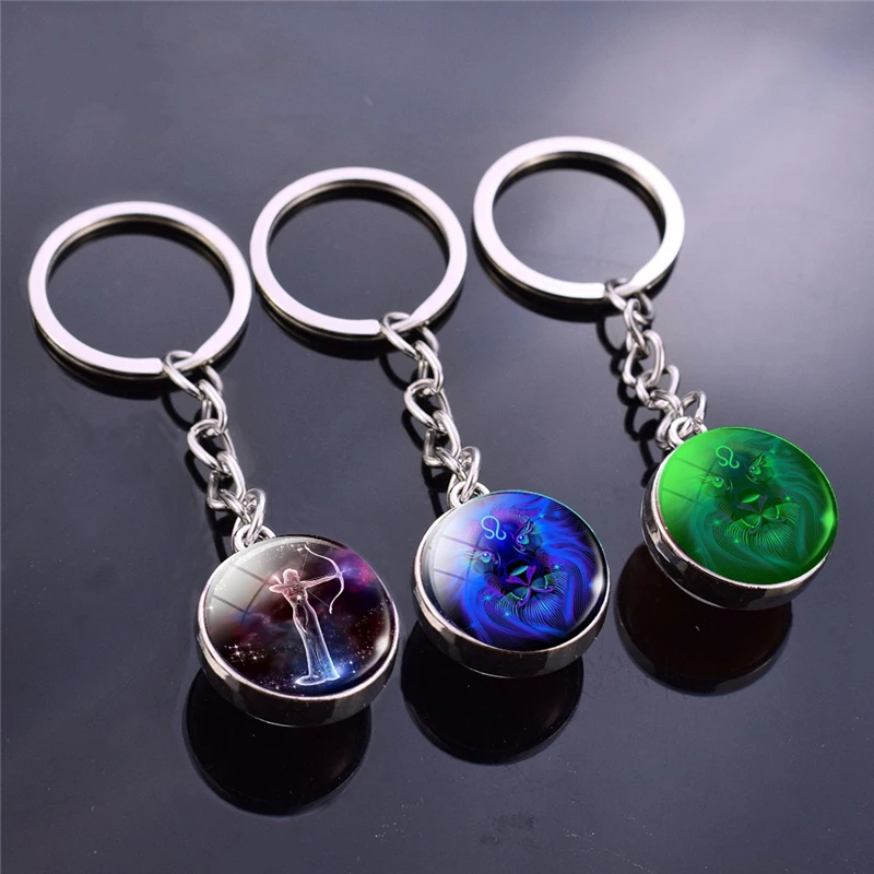 

Glowing 12 Constellation Keychain Luminous Glass Ball Pendant Zodiac Key Rings Jewelry Birthday Gift Scorpio Leo Libra Keyrings