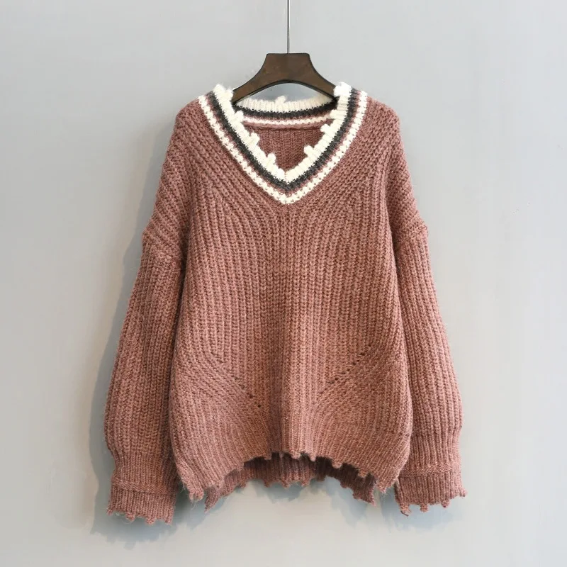 Свитер женский трикотажный в полоску однотонный с V-образным вырезом зимний 2021 |