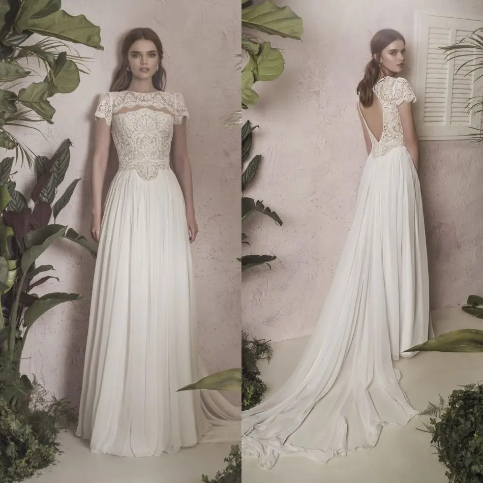 Купи 2020 Fashion Wedding Dresses Jewel Capped Sleeves Appliques Lace Chiffon Bridal Gowns Backless Sweep Train Beach Wedding Dress за 8,669 рублей в магазине AliExpress