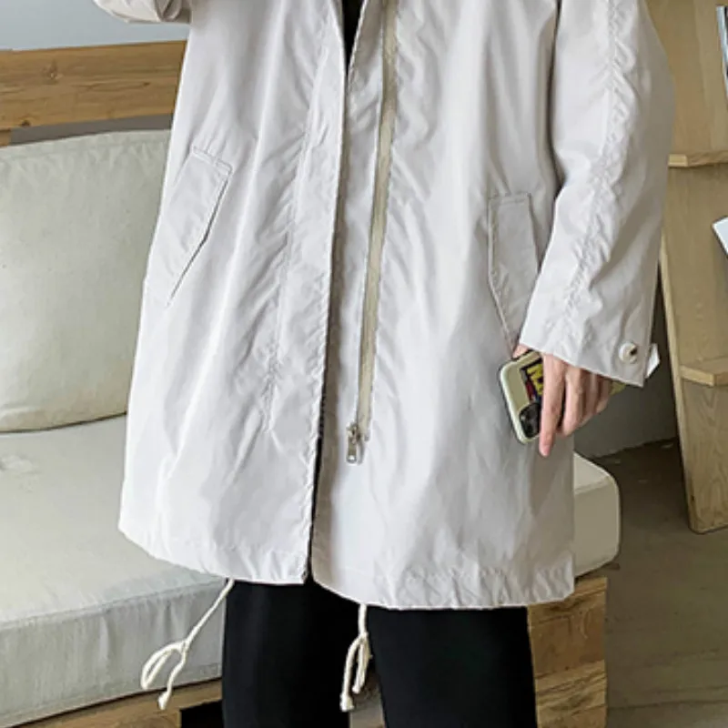 

Men Trench Coat Hooded Drawstring Loose Zipper Stretchy Medium-long Autumn Casual Ins Chic Stylish Korean Style Pockets Outwear