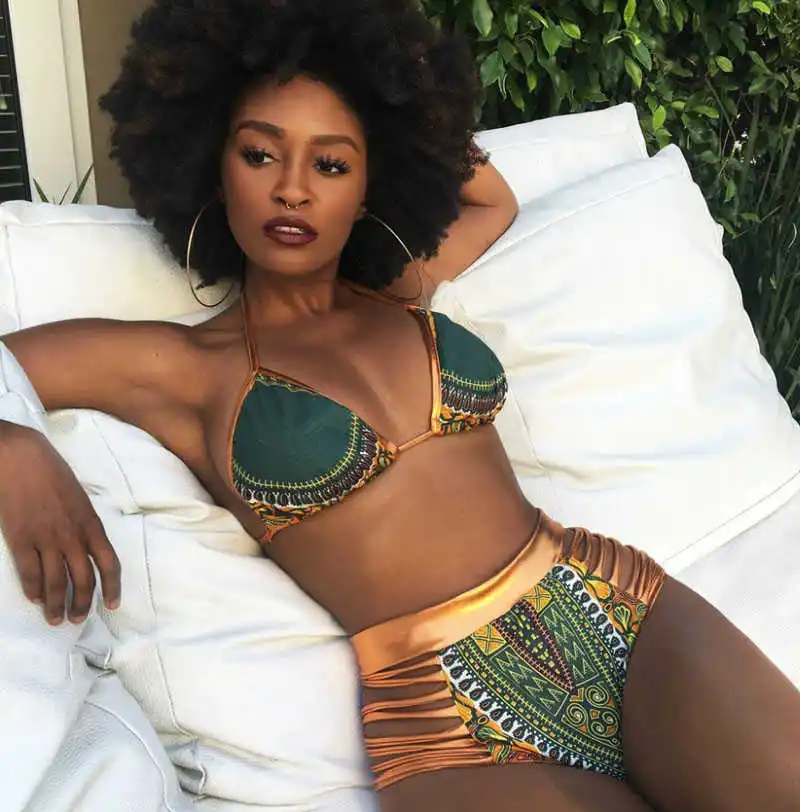 

2021 New African Print Two-Pieces Bath Suits Bikini Set Sexy Geometric Swimwear Swimsuit Gold High Waist Swimming Suit
