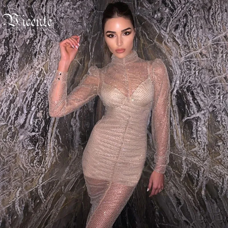 Женское Сетчатое платье с высоким воротником длинными рукавами и блестками