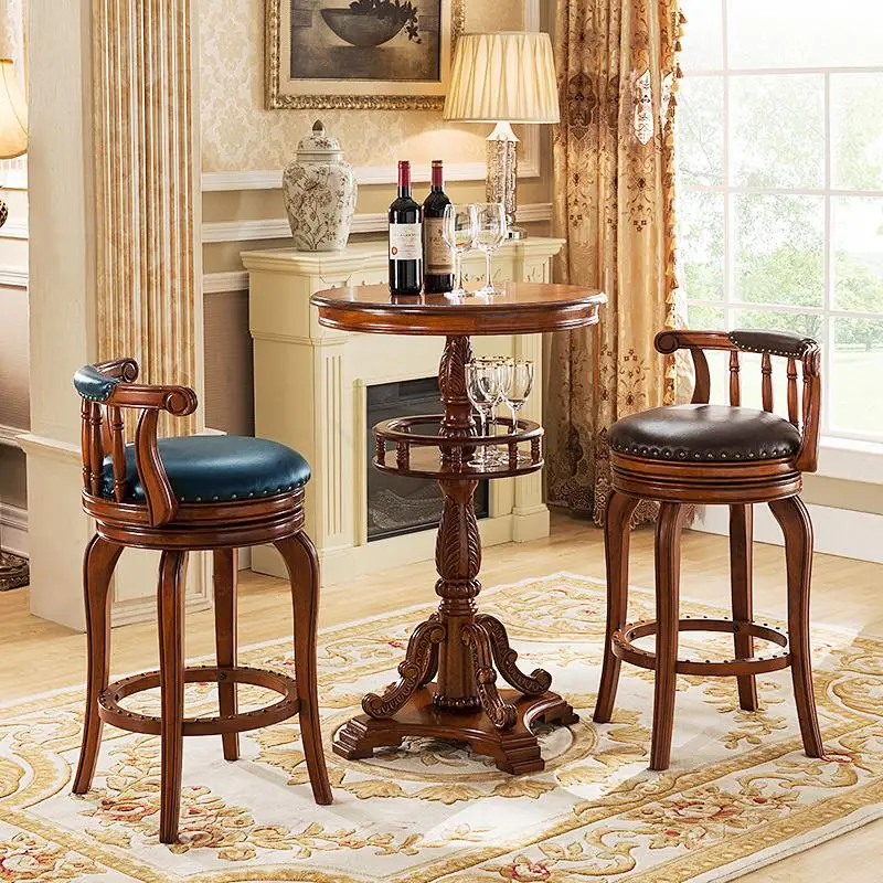 European Style Bar Chair Solid Wood Backrest Leather Counter Stool High Amer |