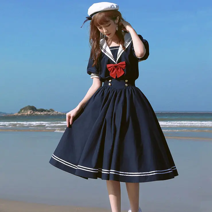 Милое японское студенческое платье Harajuku, темно-синие платья с матросским воротником, винтажное платье с бантом для девочек в консервативно...