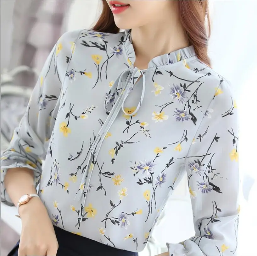 Серый Fanco Blusas Femininas, модные цветочные топы и блузки, осенние женские рубашки с длинным рукавом, шифоновые женские блузки с принтом - Цвет: Серый
