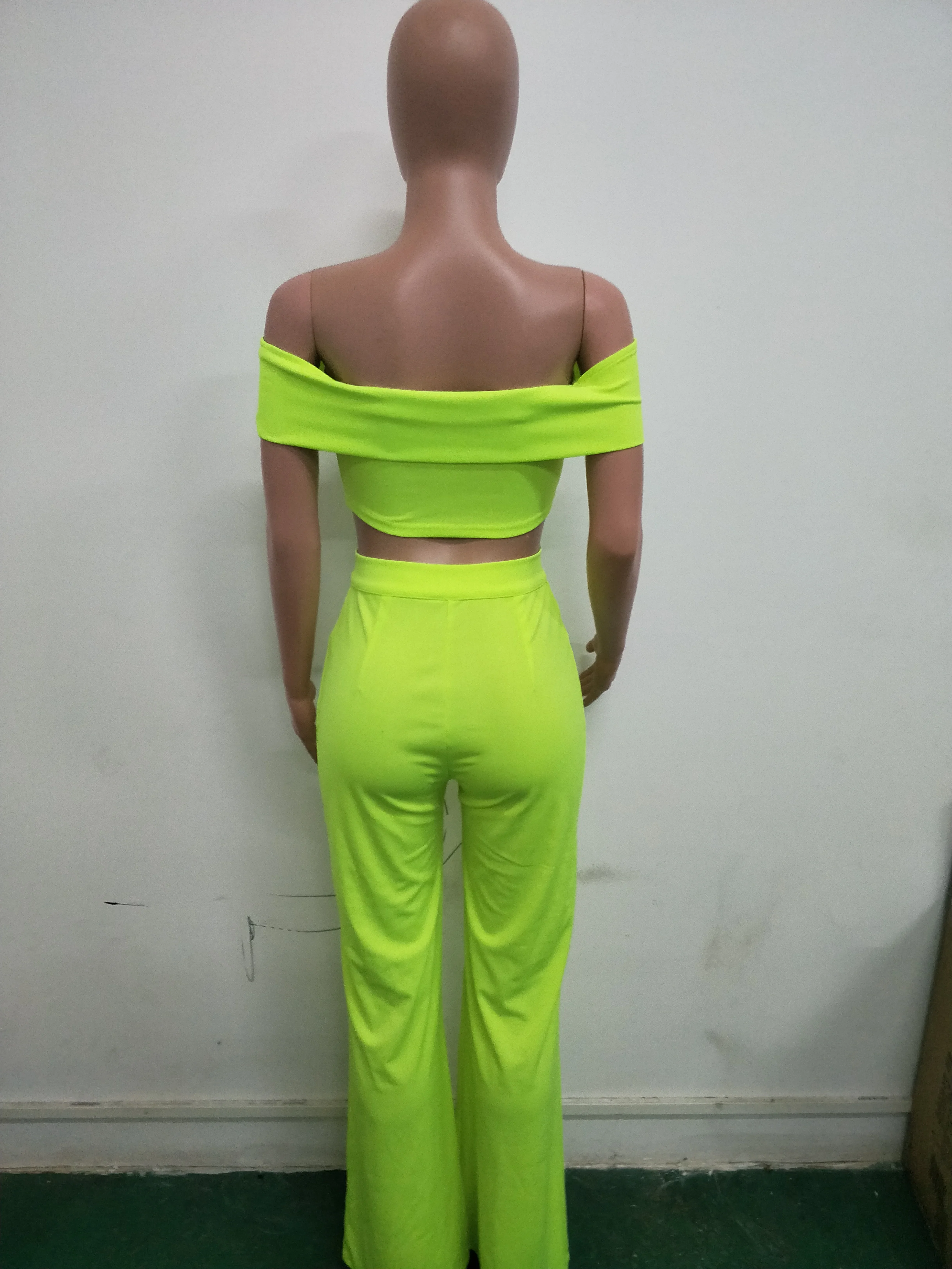 2019 женский новый летний Флуоресцентный зеленый топ с вырезом штаны костюм