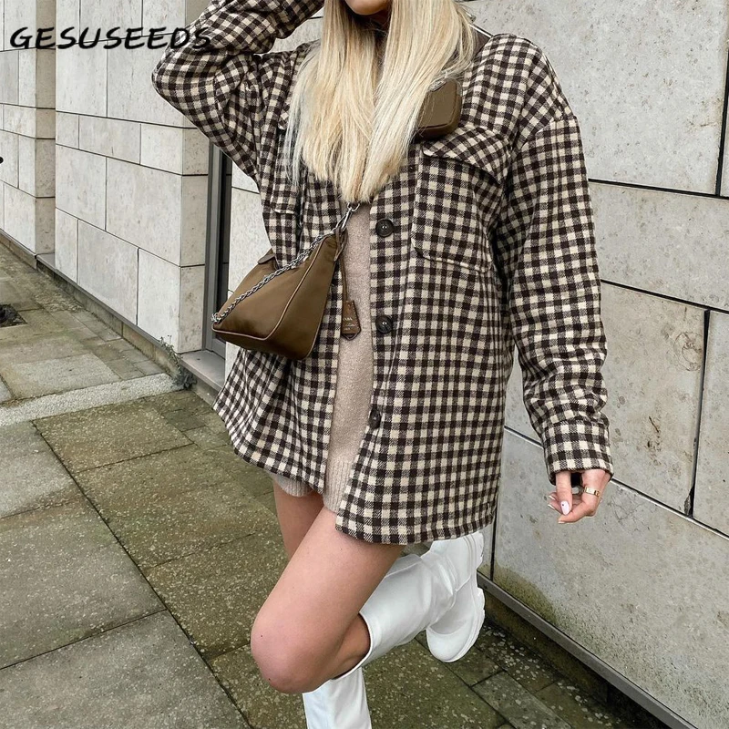 

Spring jacket women 2021 vintage plaid jacket casual long coat women oversized jacket turn down collar loose coat retro ladies