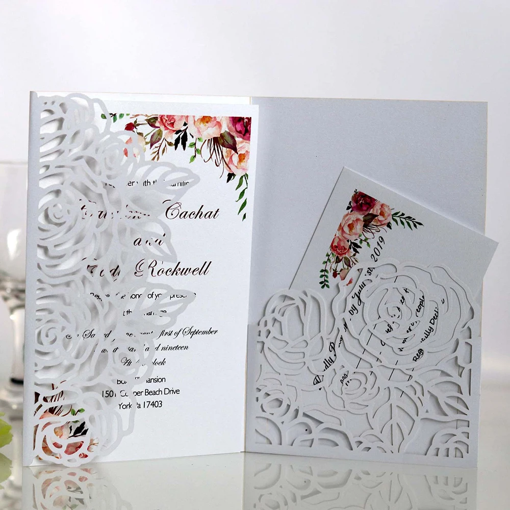 10Pcs/Pack Tri-fold Laser Hollow Plane Rose Dark Blue / White Red Beige Gold Pocket Wedding Business Invitation Cards | Дом и сад
