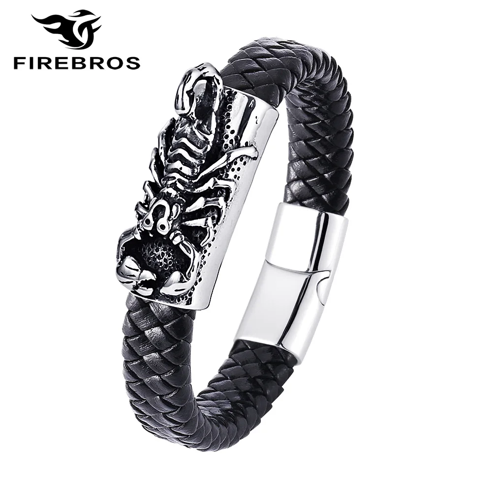 FIREBROS магнит из нержавеющей стали Скорпион Шарм 12 мм браслет натуральной кожи