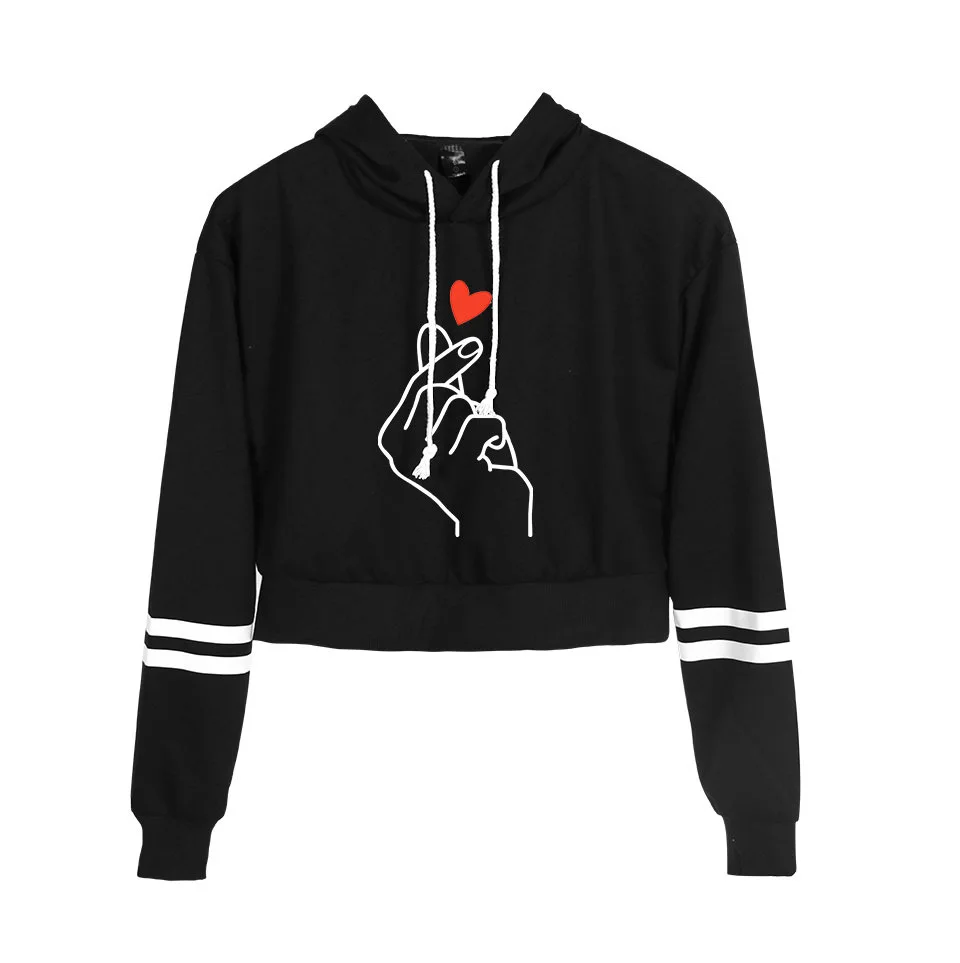 Popular Sweet Cute Finger Heart Love You Cropped Hoodies Spring Autumn Long Sleeve Women Hoodies Sweatshirt Outerwears Sexy Coat