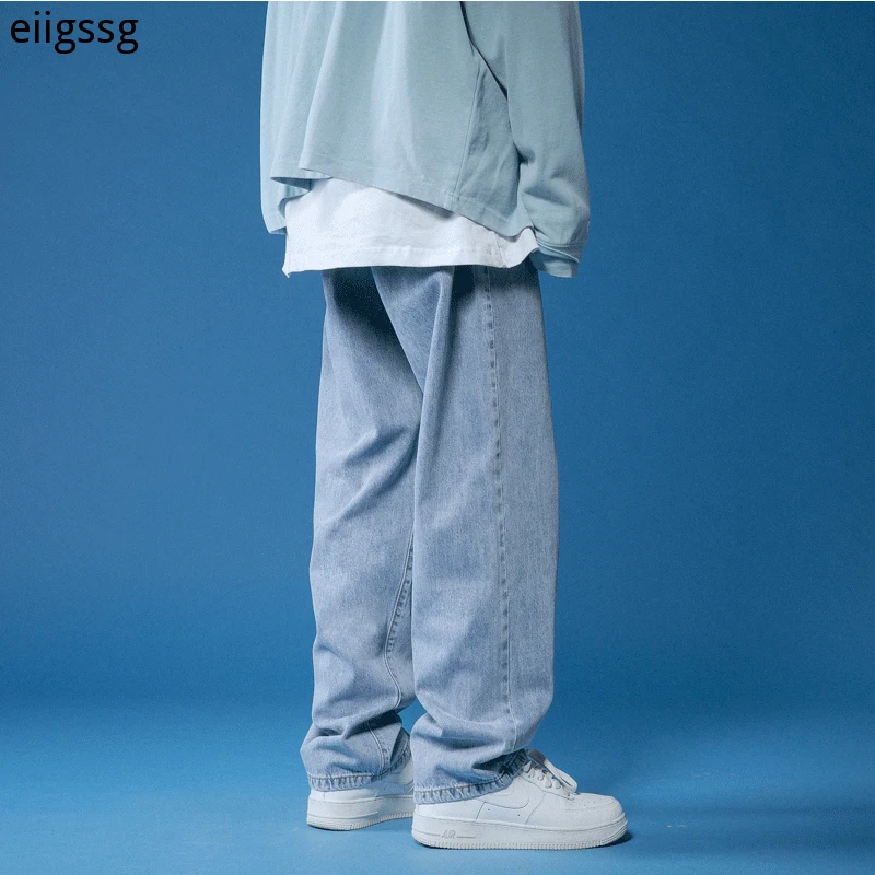 Straight Harem Jeans Summer White/black Korean Man Loose Denim Trousers Streetwear Male Casual Pants Men's Solid Color Plaid MID