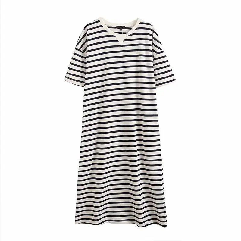 

2021 summer new women's dress loose simple versatile fashion skirt medium length Short Sleeve Striped Dress
