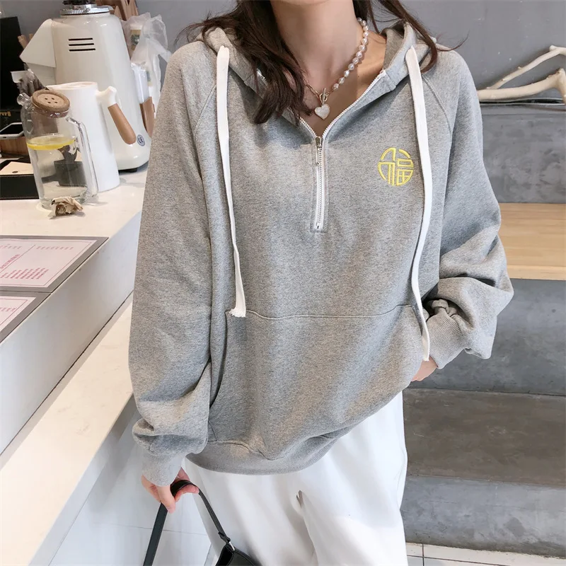 

Fashion Women's Zip Up Oversized Hoodie Pullovers 2021 Autumn Simple Embroidered Loose Track Hooded Sweatshirt Gray