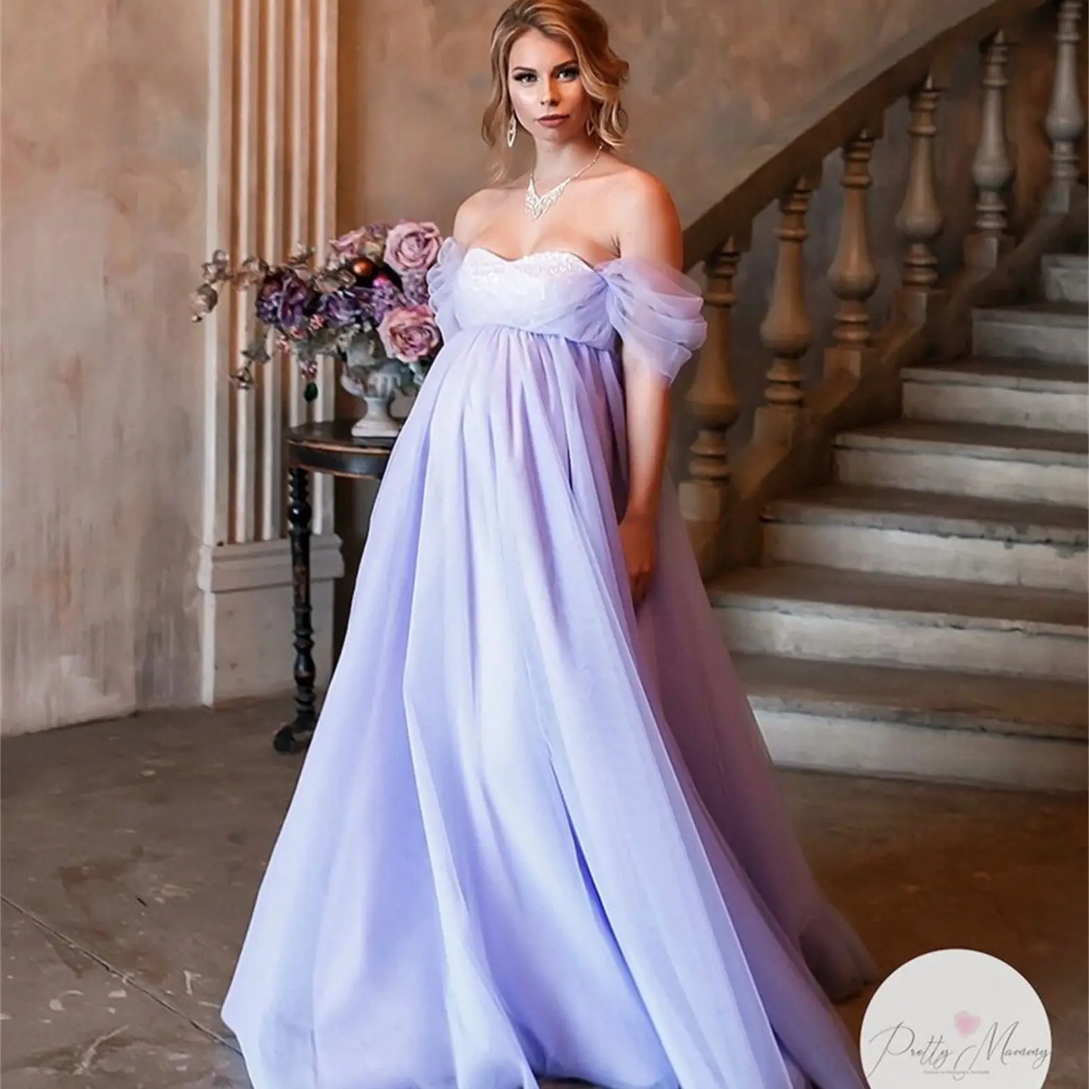 2021 Lavender Maternity Gowns Photography Off the Shoulder Sequins A Line Tulle Women Maternity Dress for Photo Shoot