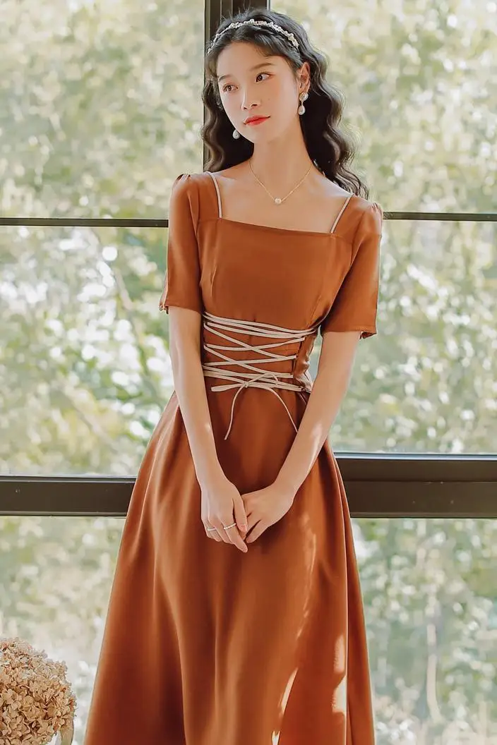 

COIGARSAM French Style Women dress Summer Vintage Dresses Caramel Color 5227