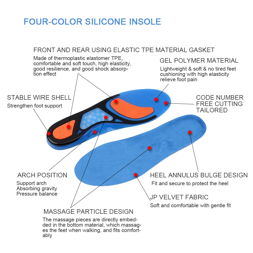 Silicone Sports Running Orthotic Insoles for Men Women High Quality Soft TPE Gel Pad Relieve Foot Pain Insoles With Elasticity